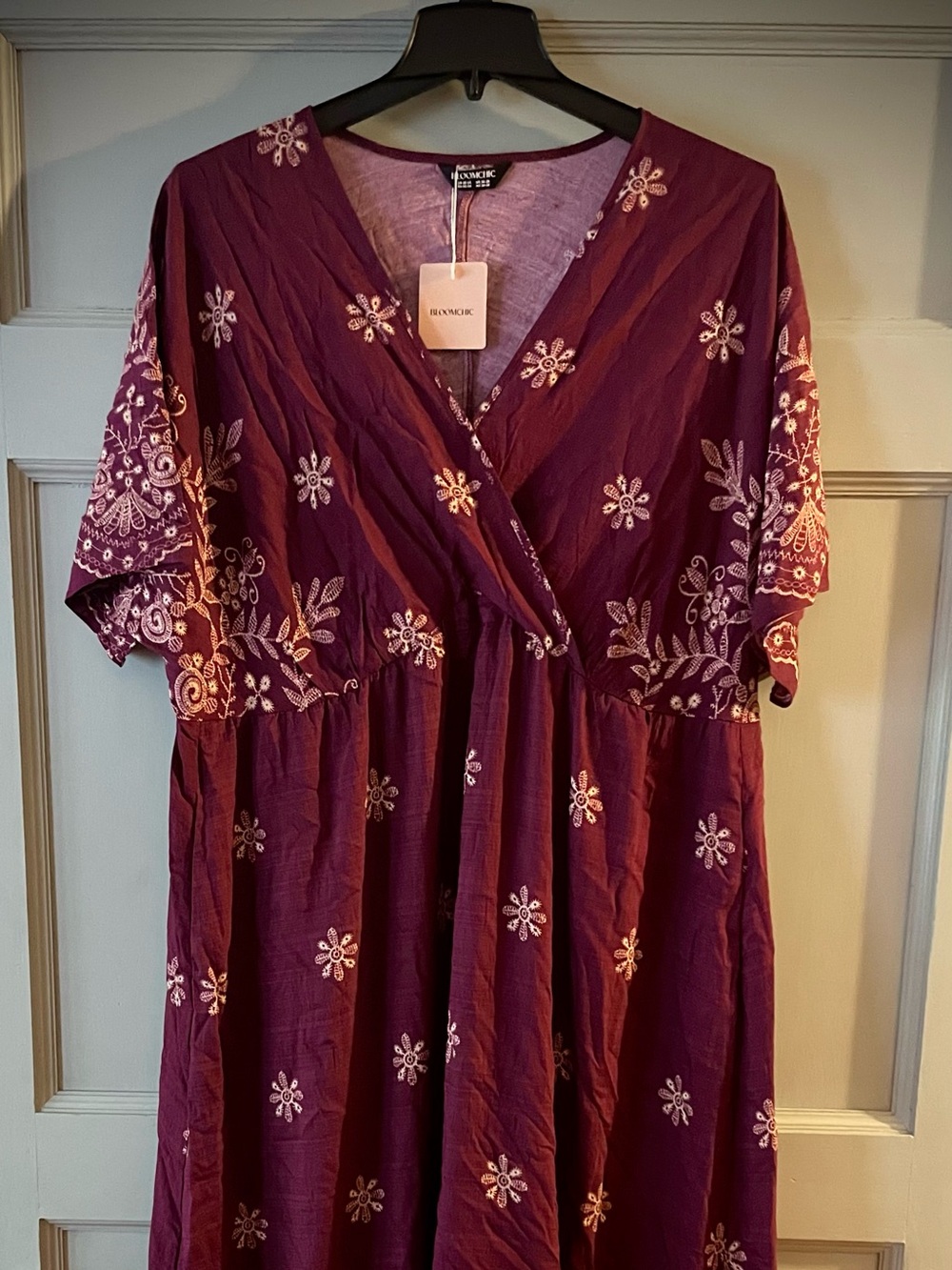 BloomChic Plum Embroidered V-Neck Midi Dress